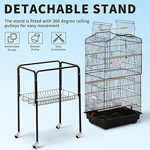 HCY Open Top Standing Bird Cage 64 Inch with Rolling Stand for Parakeets Cockatiel Parrots Lovebirds Medium Small Bird Cage-Black, L18 * W14 * H62 inches