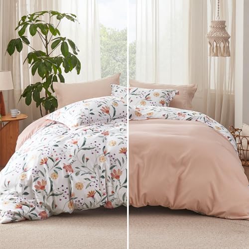 Image of Bedsure Duvet Cover Queen Size - Reversible Floral Duvet Cover Set with Zipper Closure, 3 Pieces Pale Blush Bedding Set with 8 Corner Ties and 2 Pillow Shams 20 inchx26 inch