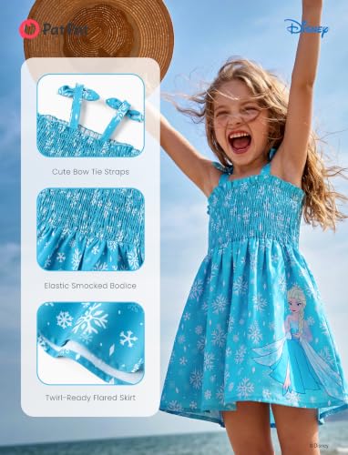 Image of Disney Princess Frozen Elsa Minnie Stitch Toddler Girl Dress Bow Tie Straps Smocked Summer Outfit Birthday Party Clothes 2-9Y