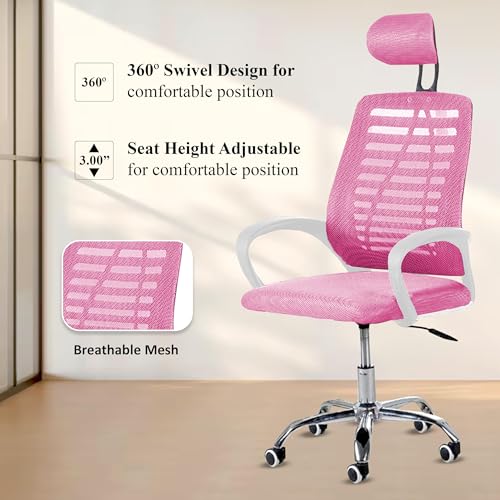 Image of Casa Copenhagen,Mesh Office Desk Chair,Rocking Chairs Ergonomic Computer Chair Adjustable High with Headrest and Comfortable Armrest Swivel Chair -Pink & White Handle