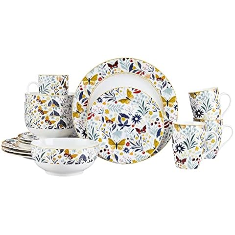 fanquare 16-Piece Porcelain Tableware Sets, Butterfly Floral Dinnerware Sets Cover