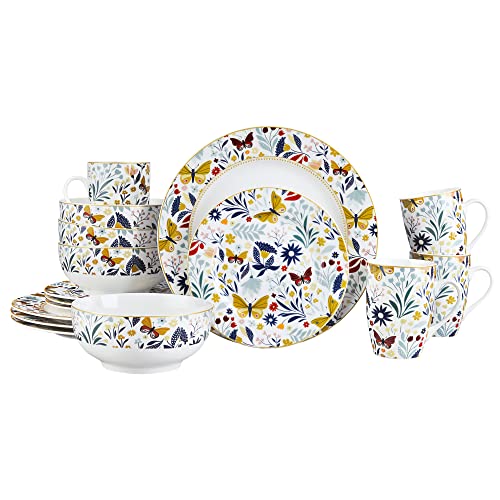 fanquare Services de Table Complet Moderne 16 Pièces en Porcelaine, Services de Vaisselle Or Vintage pour 4 Personnes, Assiettes Plates Fleurs Papillon, Bols, Tasses