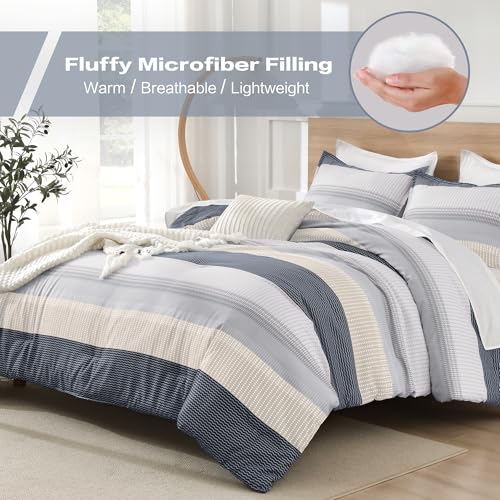 Litanika Comforter Set California King Size Blue Yellow - 3 Pieces Lightweight Blue Yellow White Colorblock Stripe Fluffy Bedding Comforter Sets, All Season Bed Set