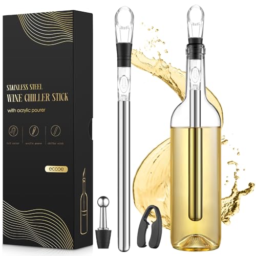 ecooe Enfriador de Botellas de Vino, Enfriador de Vino con Varilla de Enfriamiento,3 en 1 Kit-Enfriador de Vino Blanco,Decantadores, tapón, cortador de láminas y caja de regalo