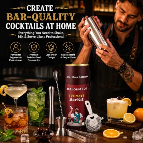 Image of Bab Louie & Co. Bar & Cocktail Set, Ultimate BarKit, Cocktail Shaker Set for Drink Mix, Set of 6 Stainless Steel & Anti Rust Bar Accessories, BarKit for Gift, Best Gifts for Bartender