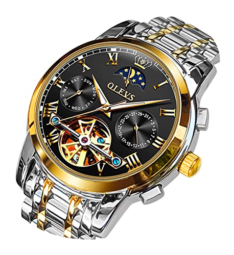 OLEVS Men's Watch Leather Skeleton Automatic Mechanical Tourbillon Calendar Moon Phase Luminous Waterproof Luxury Business Wristwatch