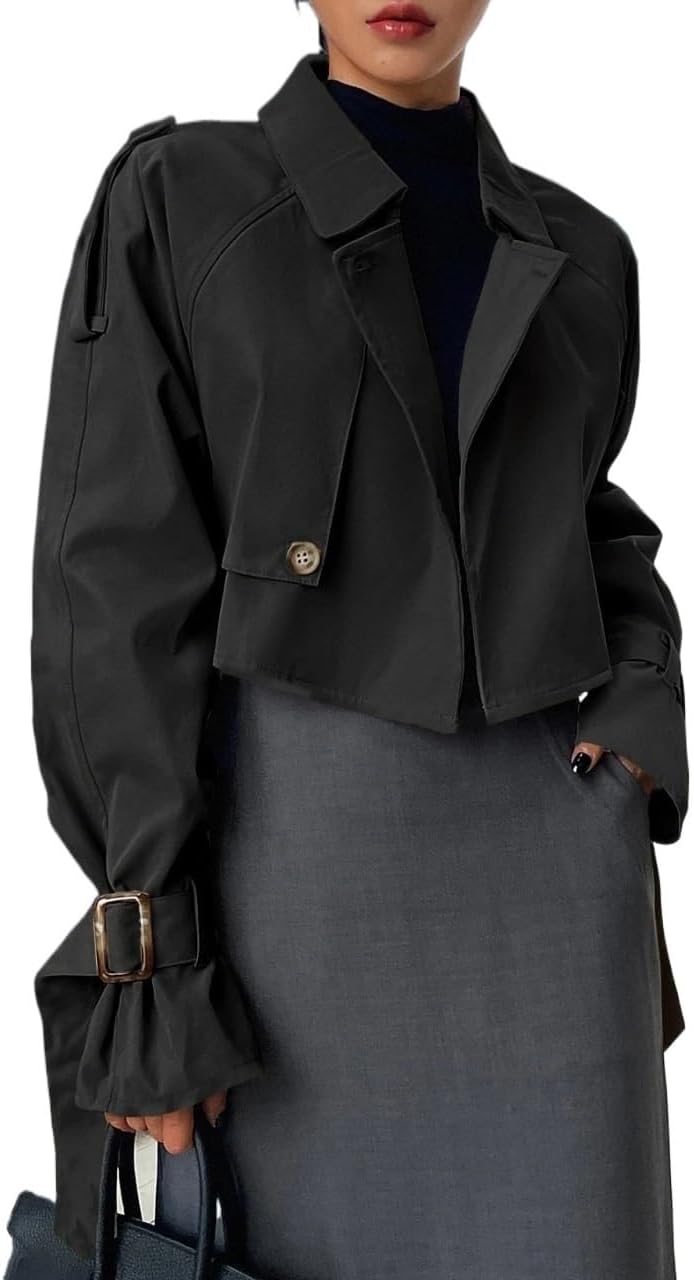 Women's Trench Coat Casual Button Collar Long Sleeve Raglan Sleeve Crop Trench Coat Classic Overcoat