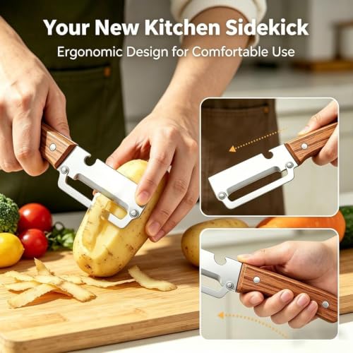Image of Stainless Steel 3-in-1 Kitchen Peeler Set with Wooden Handle 2 Pcs