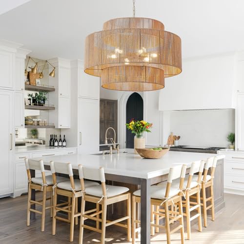 Image of 30.7in Large Rattan Chandeliers, 3-Tier Woven Boho Pendant Lights, Hemp Rope Hanging Ceiling Light, Wicker Lighting Fixture for Living Room, Dining Room, Bedroom, Kitchen Island