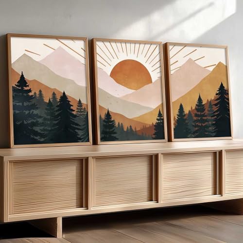 Image of kotart Boho Mountain View Framed Painting | Big Aesthetic Nature Inspired Framed Paintings for Living Room Bedroom Wall Decor Set Of 3 (10X13 inch)