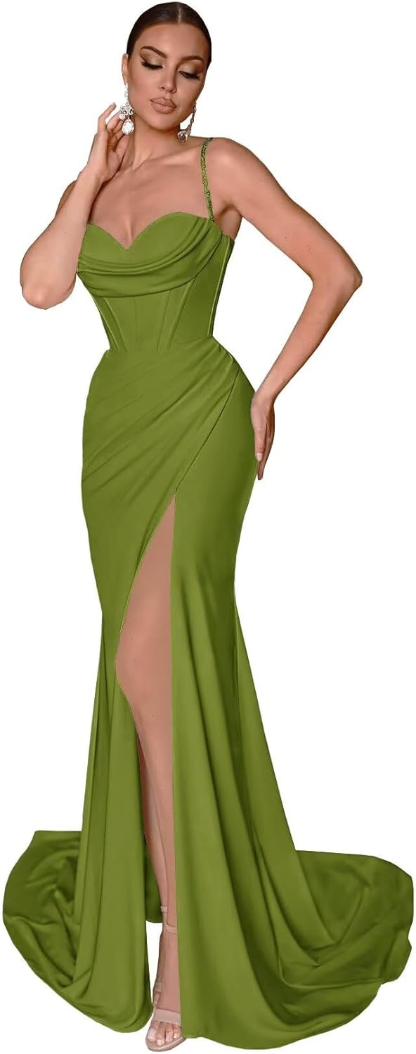 Spaghetti Straps Mermaid Satin Prom Dresses with Slit Long V Neck Formal Evening Party Gowns