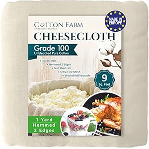 Cotton Farm Grade 100 Premium Cheese Cloths – Precision Straining & More; 9 Sq Ft (1×1 yard); 100% Unbleached Cotton Cheesecloth; Reusable with Hemmed 2 Edges; Ultra-Dense (the finest) Butter Muslin
