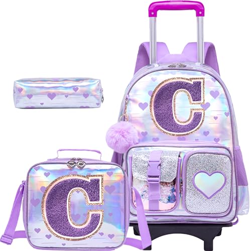 HTgroce Linda mochila de rodinhas com rodas, mochila escolar para crianças, meninas, mochila escolar com rodas, Roxa, Medium, C