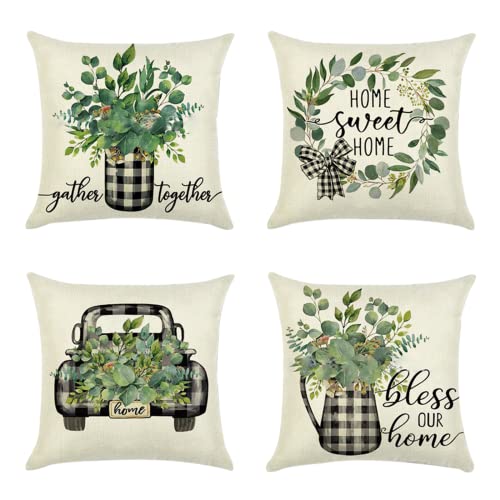 Aspthoyu Juego de 4 fundas de cojín para exteriores, 45 x 45 cm, impermeable, decorativas, de lino, flores, hojas verdes, camiones, para sala de estar, sofá, patio, banco de jardín Cover