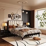 Wooden Queen Size Bed Frame, Leather Platform Bed with 55' Tall Upholstered Headboard, Solid Wood Four Poster Bed, Vintage Style Bed Frame with Wood Slats, No Box Spring Needed, Noise-Free, Beige