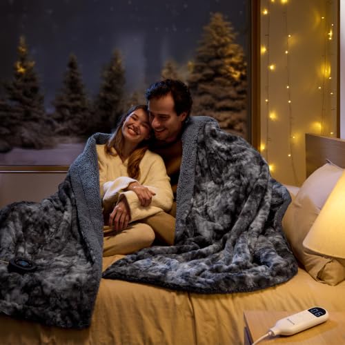 Image of Bedsure Faux Fur Tie-Dye Heated Blanket King Size with Dual Control, Grey
