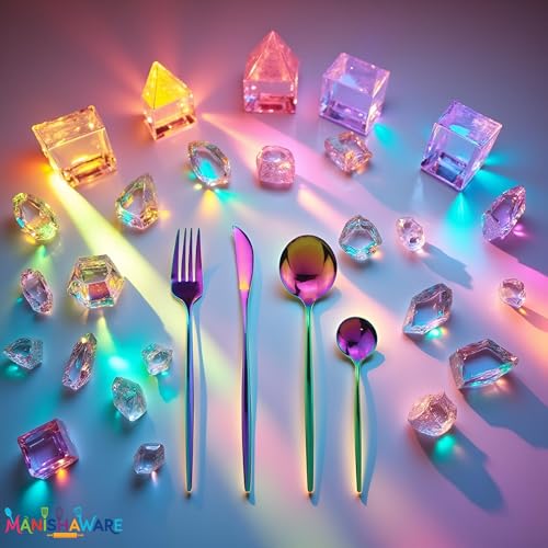 Image of Slim Handle Rainbow 16 Pcs Stainless Steel Cutlery Set for Dining Table, Dishwasher Safe Glossy Flatware (4 Spoon Set + 4 Forks Set + 4 Butter Knife + 4 Dessert Spoon)