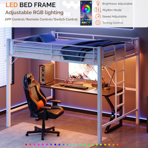 Image of VINGLI Loft Bed Queen Size with Charging Station and LED Lights,Safety Guardrail and Stair for Teens /Adults, No Box Spring Needed, Heavy Duty Metal Support Slat, White