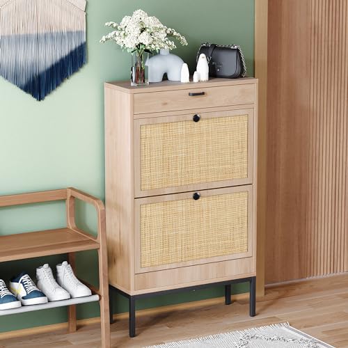 Yechen Shoe Rack Storage Organizer with 2 Natural Rectangular Rattan Doors, Entryway Wooden Shoe Cabinet for Sneakers, Leather Shoes, High Heels, Slippers (1 Piece, Oak)