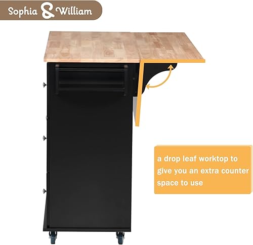 Miniatura 6 de Sophia &amp; William Carrito de isla de cocina con ruedas con hoja de caída y parte superior de madera de goma, carrito de cocina con ruedas con armario