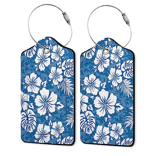 Summer Luggage Tag for Suitcase,Blue Hawaiian Hibiscus Flowers Tropical Unique Travel Tags with Privacy Cover ID Label & Stainless Steel Loop for Men Women
