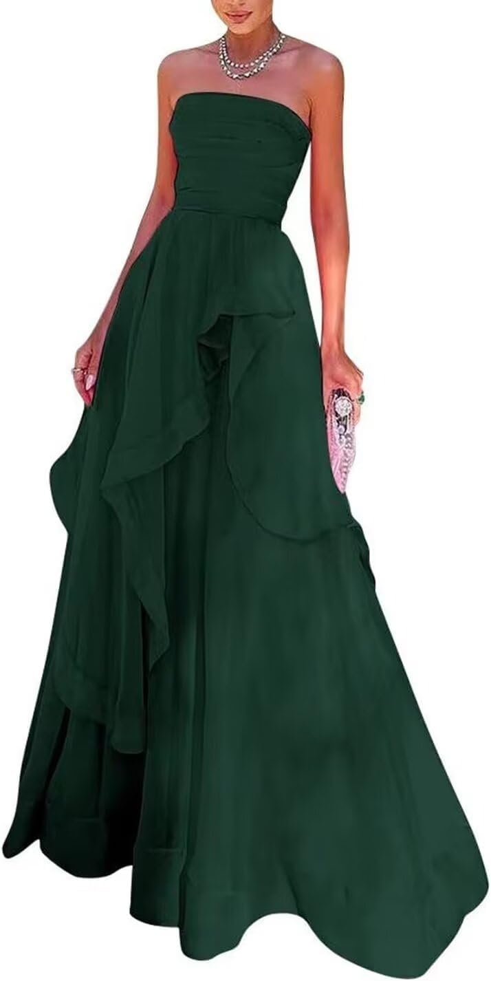 Generic Women's Long Sleeveless A line Prom Dress Strapless Chiffon Bridesmaid Dresses Formal Evening Gown Wedding Dresses