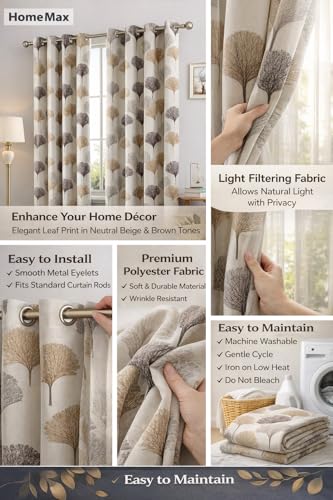Image of HUTI 5 Feet Brown Window Curtain Set of 2 | Semi-Transparent Ginkgo Tree Printed Curtain | Soft Polyester Eyelet Curtains for Living Room & Bedroom 4x5 ft (120 x 150 cm) | Best for Home Decor
