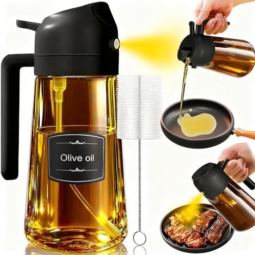 Antonki 470ml Olive Oil Spray Bottle, 2-in-1 Oil Dispenser and Sprayer Bottle, BPA-Free Kitchen Gadgets for Cooking, Frying, Salad, BBQ - with Cleaning Brush