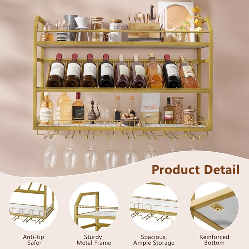 Image of Hoctieon Wall Mounted Wine Rack, 31.5 inch Wall Wine Rack for Display and Storage, Hanging Bottle Holder, for Living Room, Dining Room, Bar, Wine Cellar, Gold&White