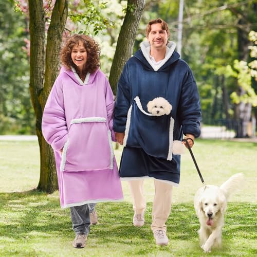 JOYWOO Purple Oversized Wearable Blanket Hoodie, Cat lovers Long Hoodie Blanket for Adult,Birthday Gifts for Women Men Mom,Cozy Fuzzy Sherpa Fleece Hooded Blanket Giant Pocket Gifts,Purple Oversize