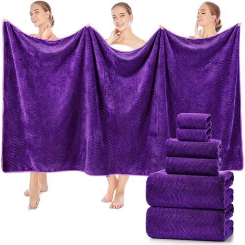 SmoothNovelty Set of 6 Extra Large Bath Towel 40 x 80 Inches Oversized Bath Sheet with 2 Shower Towels 2 Hand Towels 2 Washcloths for Adults Bathroom Spa Gym Quick Dry(Chevron Design Purple)