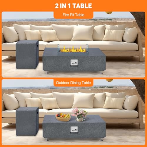 48" Outdoor Fire Table, 48 inch Rectangle Propane Gas Fire Pit Table, 50,000 BTU Modern Firepit with 16 inch Tank Cover Side Table, Wind Guard, Fire Glass, Rain Cover