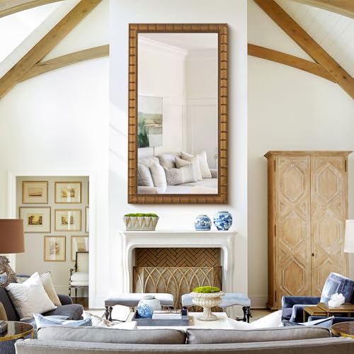 Image of Large Vintage Decorative Mirror for Wall, 53'' x 29'' Antiuqe Warm Gold Living Room Mirrors with Bamboo-Joint Frame, Classic Vintage Gold Wooden Mirror, Horizontal /Vertical