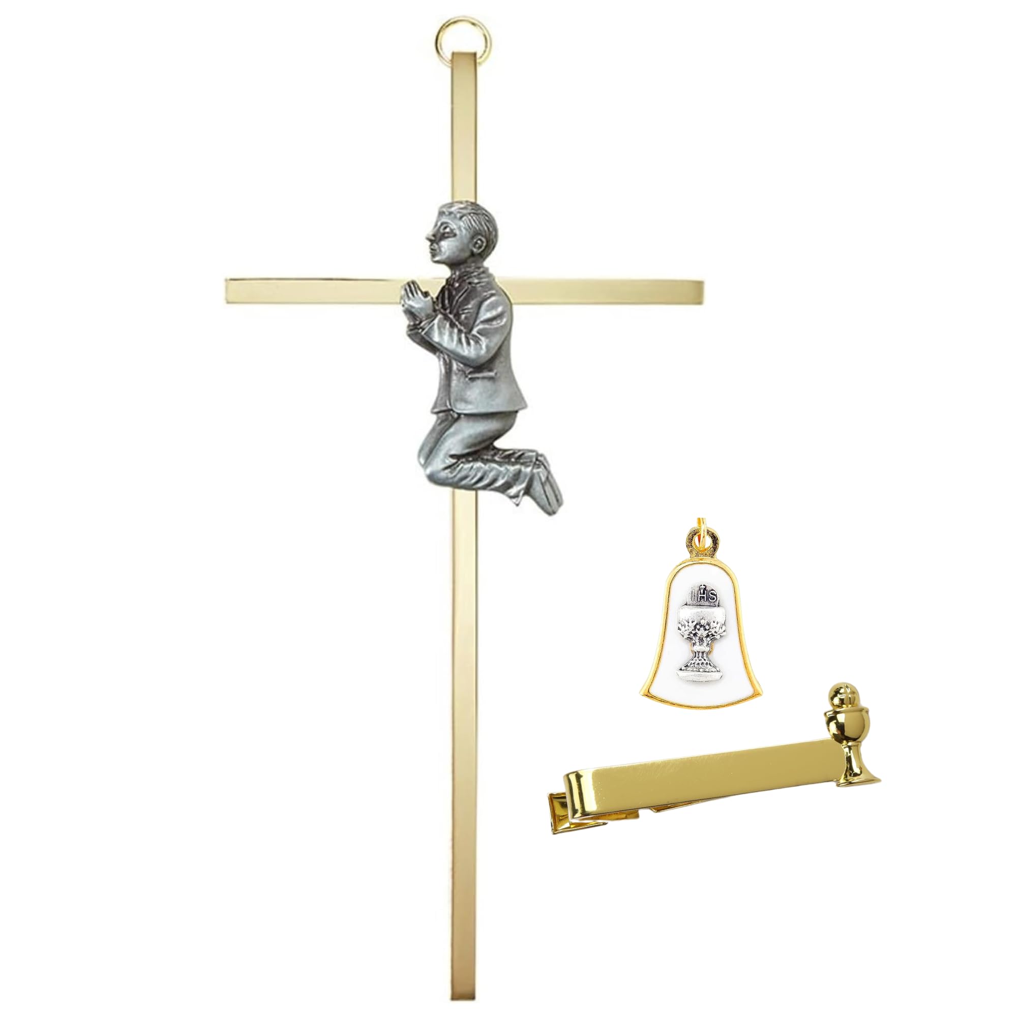 needzo first communion gift set for boys - gold plated tie clip ihs bell medal and brass wall cross 3 items included