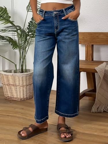 Flamingals Wide Straight Leg Cropped Jeans for Women Mid Rise Baggy Casual Wash Denim Pants3