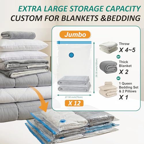 Image of Cozy Essential Vacuum Storage Bags, 80% Compression Vacuum Seal Space Saver Plastic Packaging Bags for Clothes, Blankets, Pillow, Bedding, Comforters, Sealer Clothing Storage,12 Jumbo