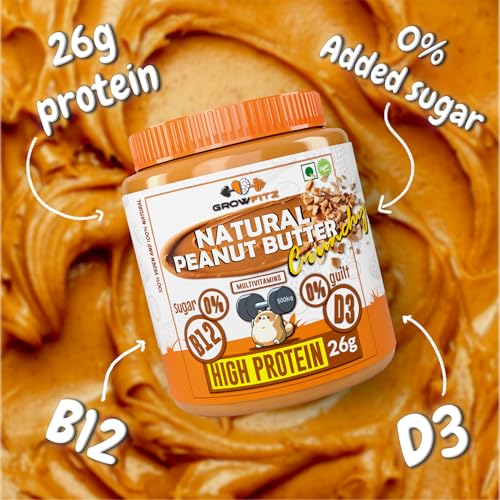 Image of Growfitz Natural Peanut Butter Smooth | Vegan | Unsweetened | High Protein + Vit B12 + D3 & Calcium | Boost Muscles, Brain & Bones | 100% Pure, Non-GMO, Gluten-Free, Cholesterol-Free (Natural Smooth - Pack of 2)