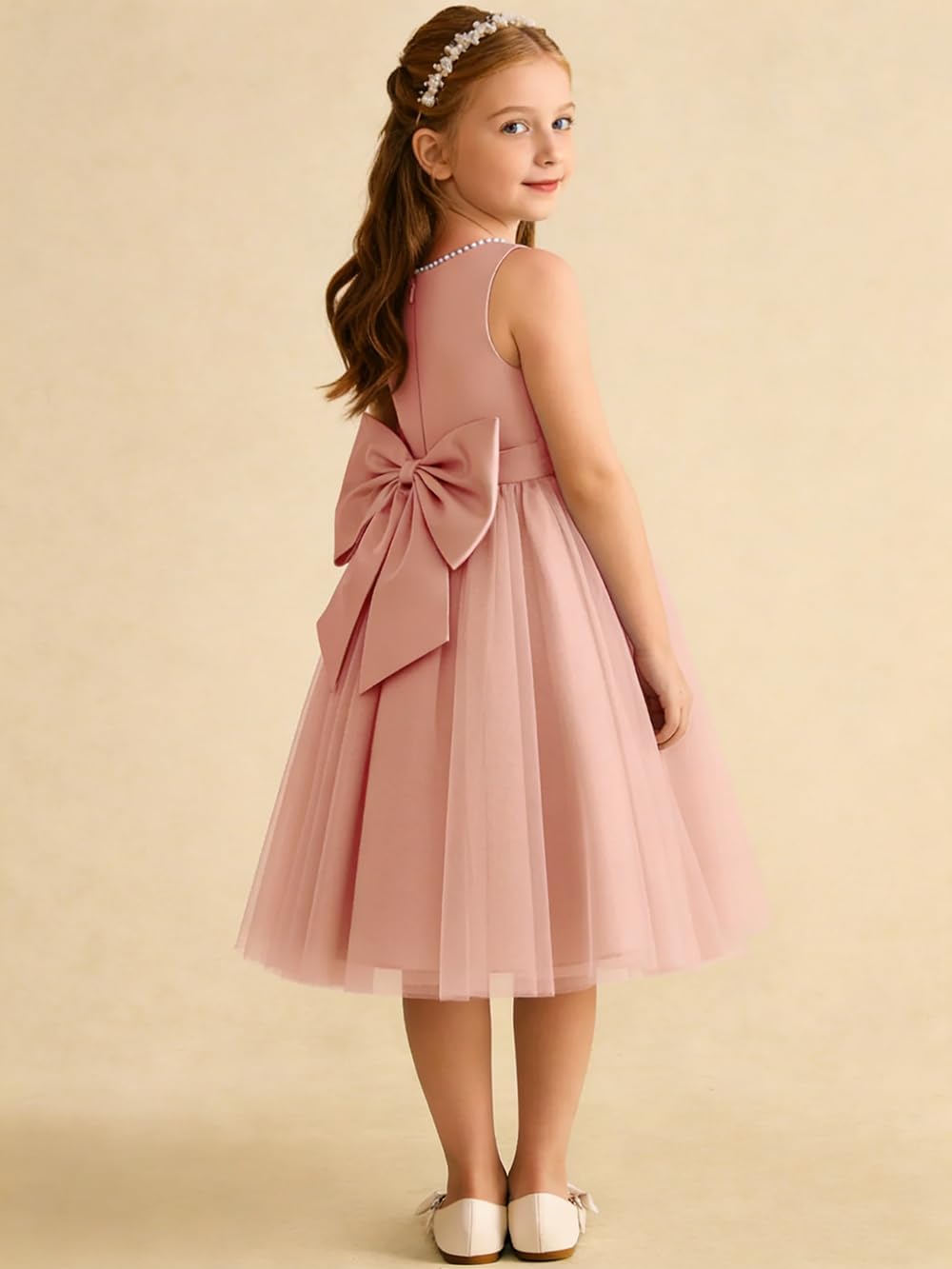 Formal Flower Girl Dress Short for Teens Satin Tulle Junior Bridesmaid Dresses for Wedding with Bow Knot