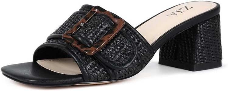 ZJA Raffia Sandals for Women Block Heels Square Open Toe Heeled Dress Chunky Mules Slip on Shoes