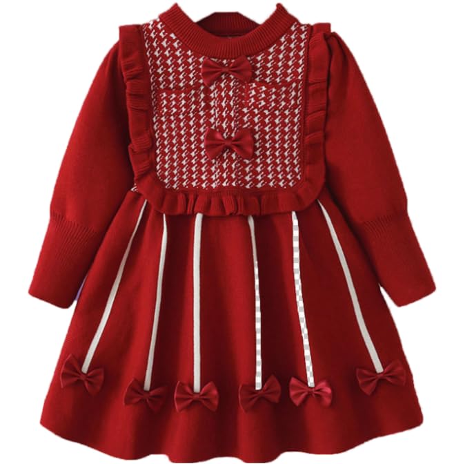 Girls Long Sleeve Sweater Dress Houndstooth Design Bow Decorated Chest and Hem Dress