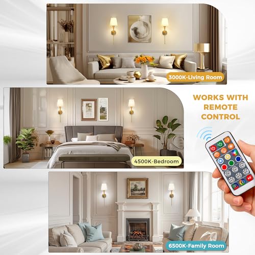 Image of DORESshop Battery Operated Wall Sconce Set of 2, 7 Color Wireless Wall Light Easy to Install, Sconce Wall Decor Set of 2 for Bedroom, Living Room, Fabric Linen Shade, Gold, 24.6in