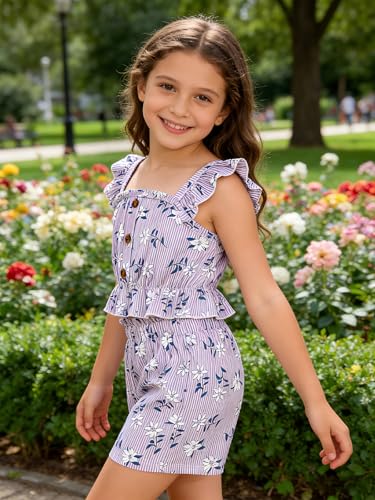 Image of Kids Toddler Girls Summer Clothes Button Design Striped Tank Top + Floral-Print Elastic Shorts 2 Piece Outfits