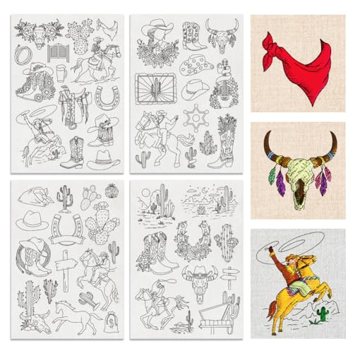 BENECREAT 4Sheets 53Pcs Cowboy Water Soluble Embroidery, 11.7x8.3inch Cowboy Boy Desert Scene Stick and Stitch Embroidery Paper Stabilizer for Shirts, Coats, Bags