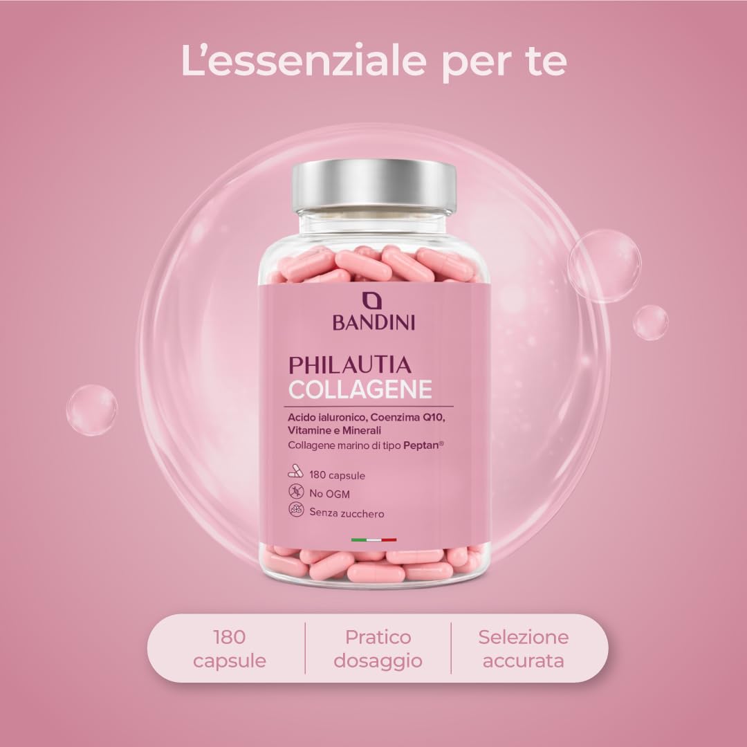 Bandini® Collagene Peptan® e Acido Ialuronico 180 Capsule, Collagene Marino Idrolizzato Tipo 1 con Coenzima Q10, Vitamina C, Biotina, Zinco e Selenio, Integratore Donne per Articolazioni, Pelle e Ossa