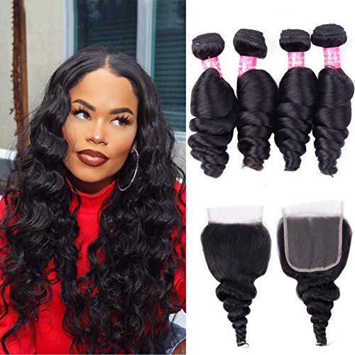 YUZHU Human Hair Bundles with Closure Loose Wave 18" 20" 22" 24"+16" 100% Unprocessed 10A Peruvian Loose Wave Human Hair 4 Bundles with Free Part 4x4 Closure Remy Virgin Hair Extensions Natural Color