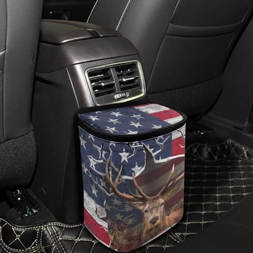 Image of Talayituse 3D Deer American Flag Print Car Trash Can with Adjustable Straps, Foldable Car Trash Bag Bin Car Garbage Bag Multipurpose Storage Box for Vehicle Travel Camping Picnicing