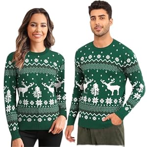 LecGee Christmas Sweater Couple Roundneck Reindeer Snowflakes Ugly Long Sleeve Knitted Sweater Pullover Slim Fit Men Women
