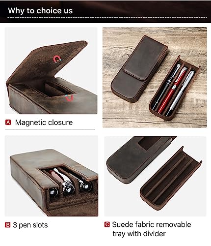 Image of 3 /12 Leather Pen Case Pack Handmade Drawer Style Detachable Magnetic Pen Case (3 BROWN)
