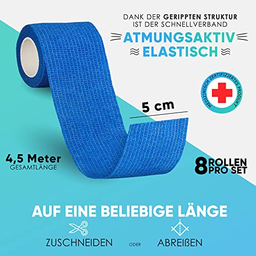 Health Press Selbstklebender Verband – 8x Pflaster Rolle (5cm x 4,5m) – Haftbandage Selbstklebend – Elastische Bandage – Wasser-, Staub-, Fett- & Schmutzabweisendes Verbandsmaterial (Blau, 8 Rollen)