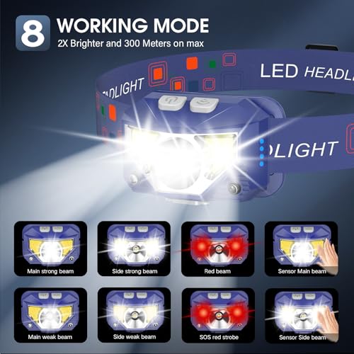 Image of LHKNL Headlamp Flashlight, Lumen Ultra-Bright LED Rechargeable Headlight with White Red Light,2-Pack Waterproof Motion Sensor Head Lamp,8 Modes for Outdoor Camping Running Fishing- Blue